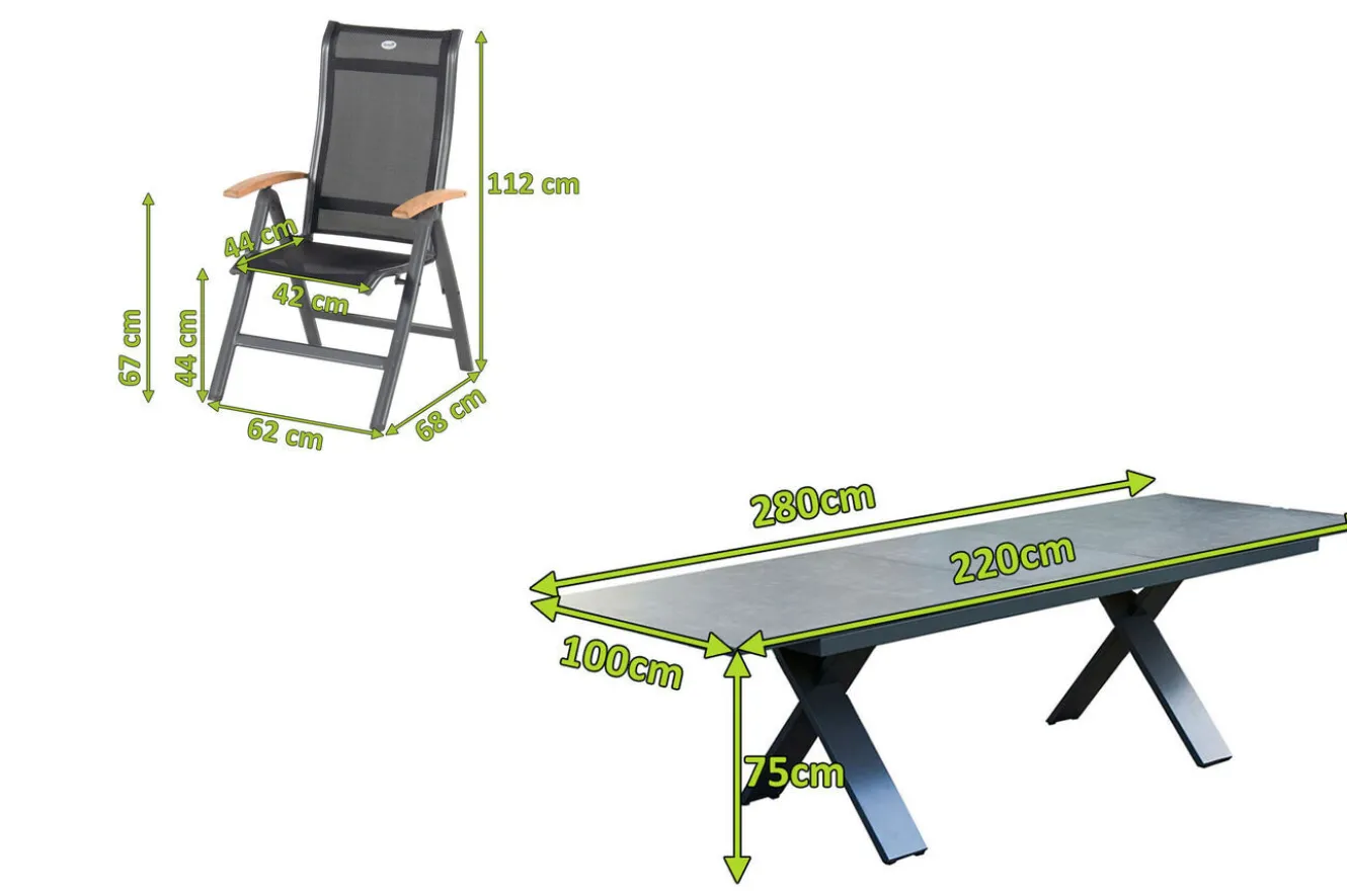 HARTMAN Sondermodell Xanadu / Alice Garten-Essgruppe, xerix/schwarz, Alu/Glaskeramik, 4x4 Textilen, 8 Klappstühle, 220/280x100cm