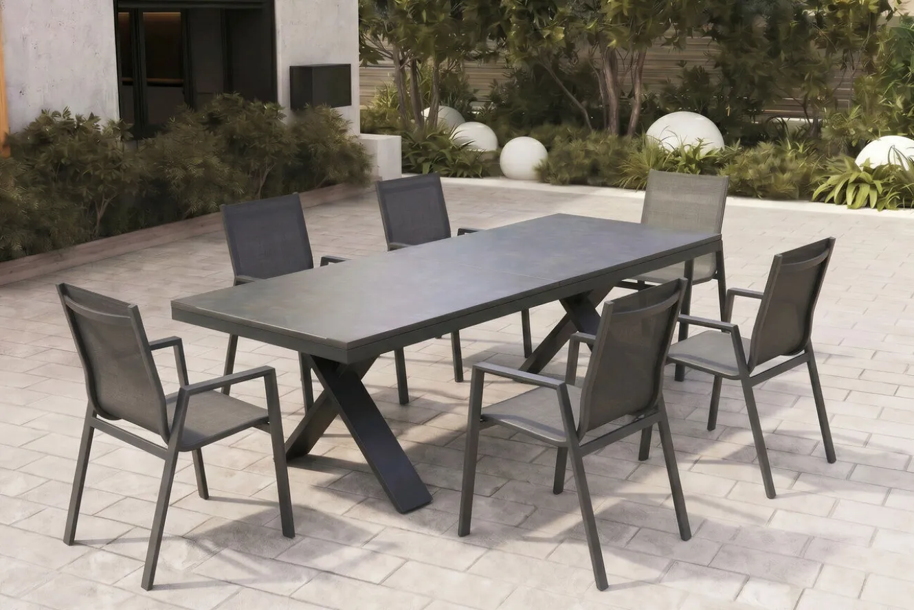 HARTMAN Sondermodell Xanadu / Aruba Garten-Essgruppe, xerix/anthrazit, Alu/Glaskeramik, 6 Stapelsessel, 220/280x100cm