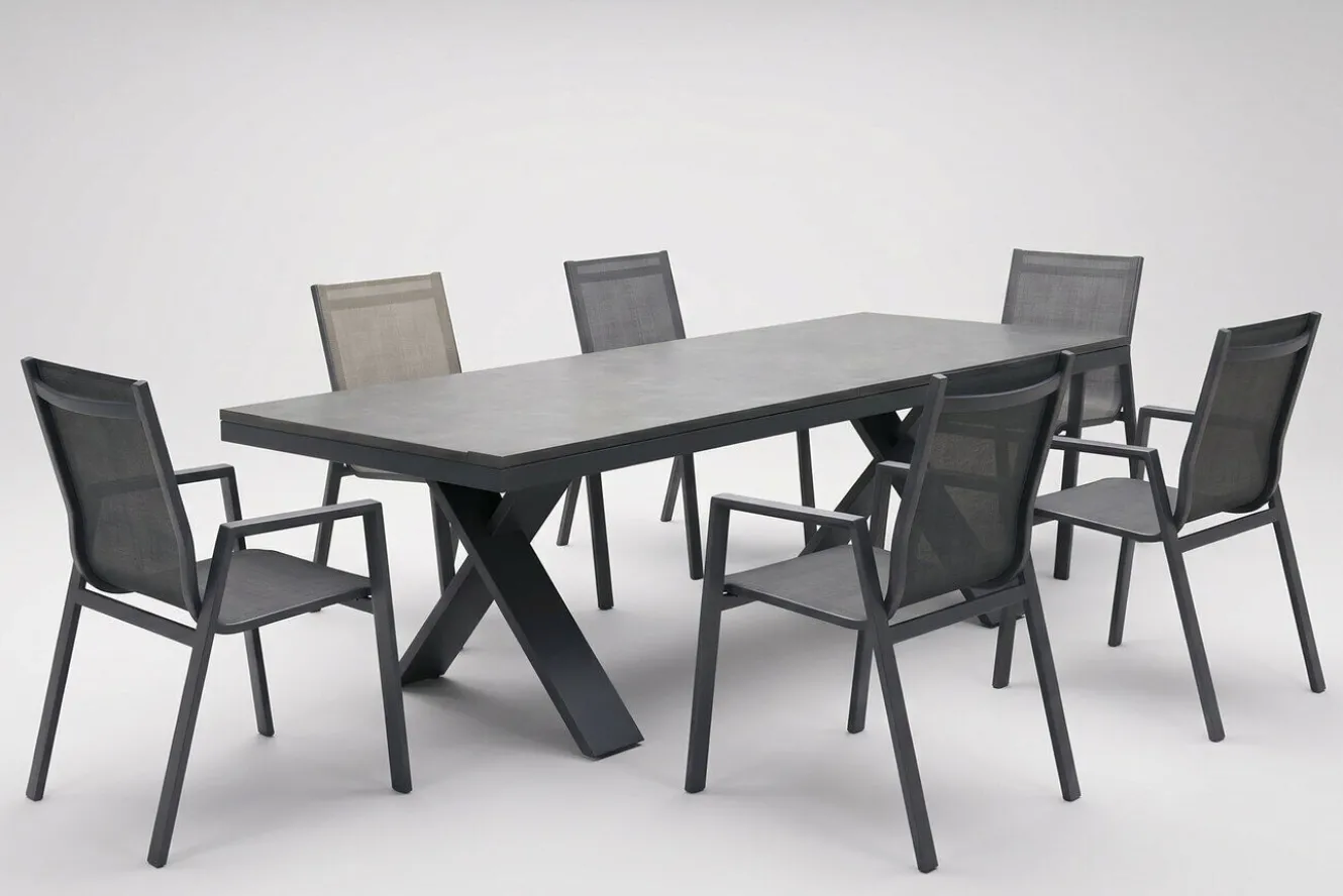 HARTMAN Sondermodell Xanadu / Aruba Garten-Essgruppe, xerix/anthrazit, Alu/Glaskeramik, 6 Stapelsessel, 220/280x100cm