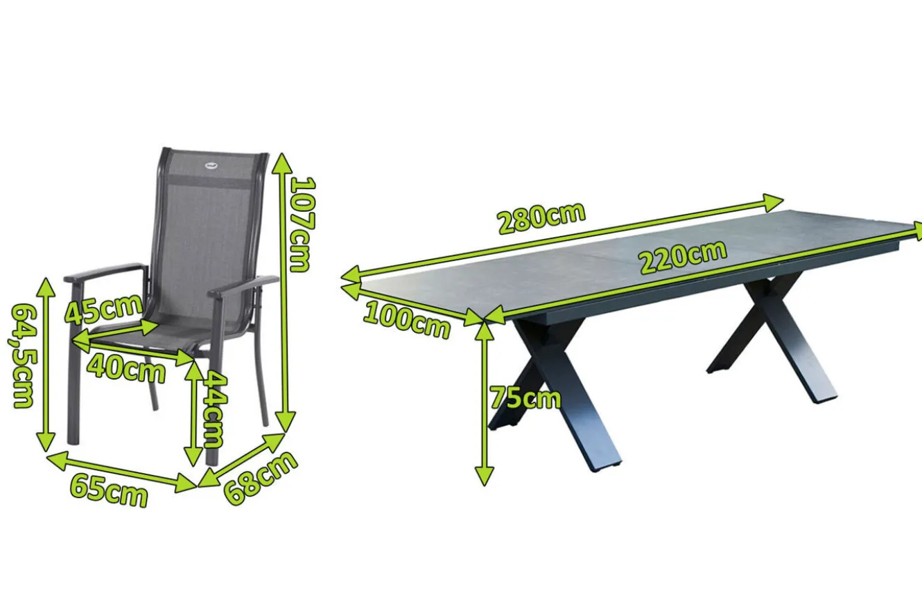 HARTMAN Sondermodell Xanadu / Alice Comfort Set, xerix/anthrazit, Alu/Glaskeramik, 10 Stapelsessel, 220/280x100cm