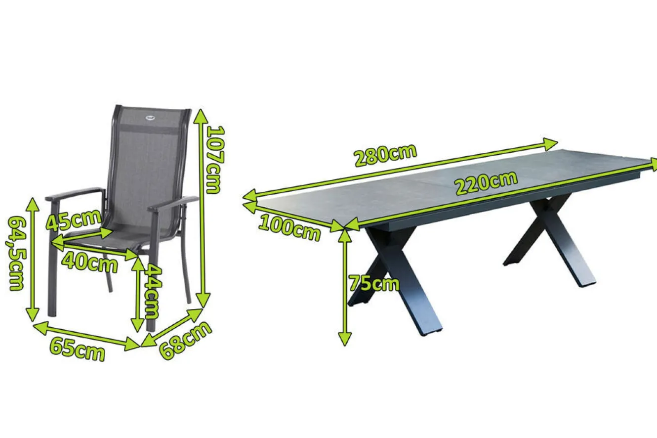 HARTMAN Sondermodell Xanadu / Alice Comfort Set, xerix/anthrazit, Alu/Glaskeramik, 10 Stapelsessel, 220/280x100cm