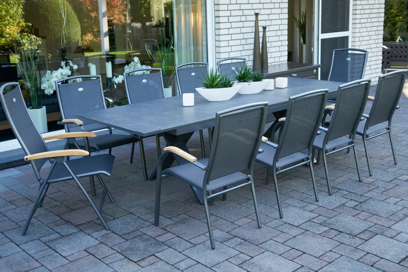 HARTMAN Sondermodell Xanadu / Raffaelo Garten-Essgruppe, xerix/anthrazit, Alu/Glaskeramik, 8 Stapelsessel, 2 Klappstühle, 220/280x100cm