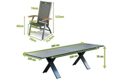 HARTMAN Sondermodell Xanadu / Primo Garten-Essgruppe, xerix/natur, Alu/Teak/Glaskeramik, 6 Klappstühle, 220/280x100cm, X-Gestell, Teak Armlehnen