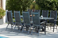 HARTMAN Sondermodell Xanadu / Primo Garten-Essgruppe, xerix/natur, Alu/Teak/Glaskeramik, 6 Klappstühle, 220/280x100cm, X-Gestell, Teak Armlehnen
