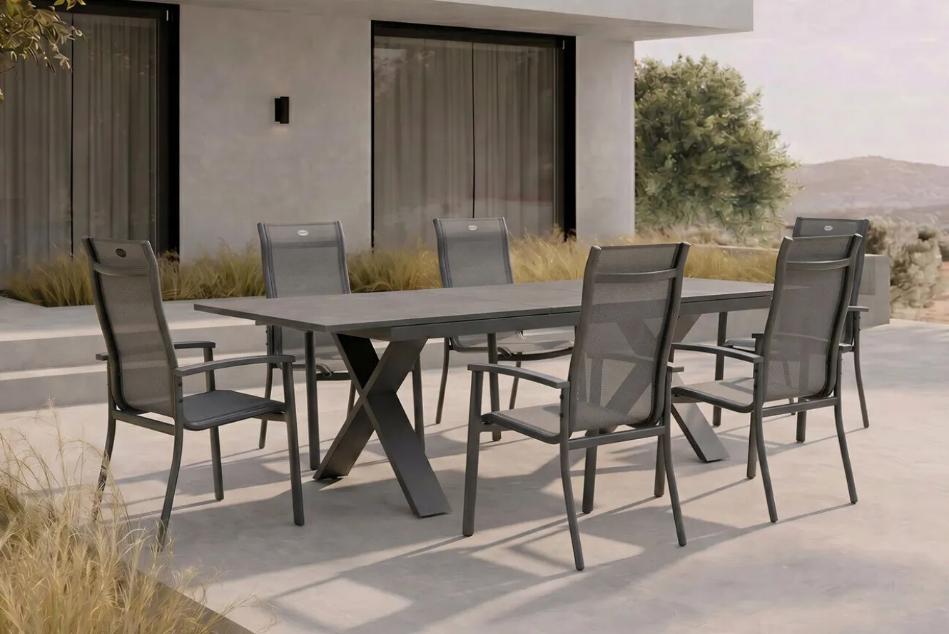 HARTMAN Sondermodell Xanadu / Alice Comfort Set, xerix/anthrazit, Alu/Glaskeramik, 6 Stapelsessel, 220/280x100cm