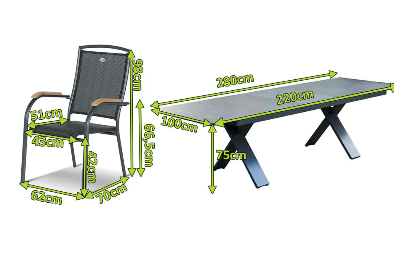HARTMAN Sondermodell Xanadu / Raffaelo Garten-Essgruppe, xerix/anthrazit, Alu/Glaskeramik, 8 Stapelsessel, 220/280x100cm
