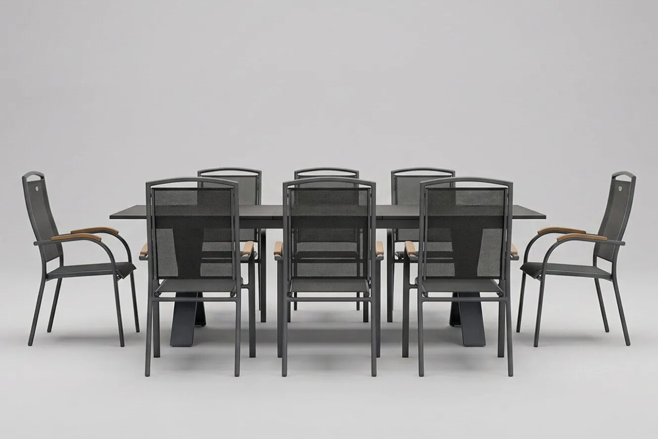 HARTMAN Sondermodell Xanadu / Raffaelo Garten-Essgruppe, xerix/anthrazit, Alu/Glaskeramik, 8 Stapelsessel, 220/280x100cm