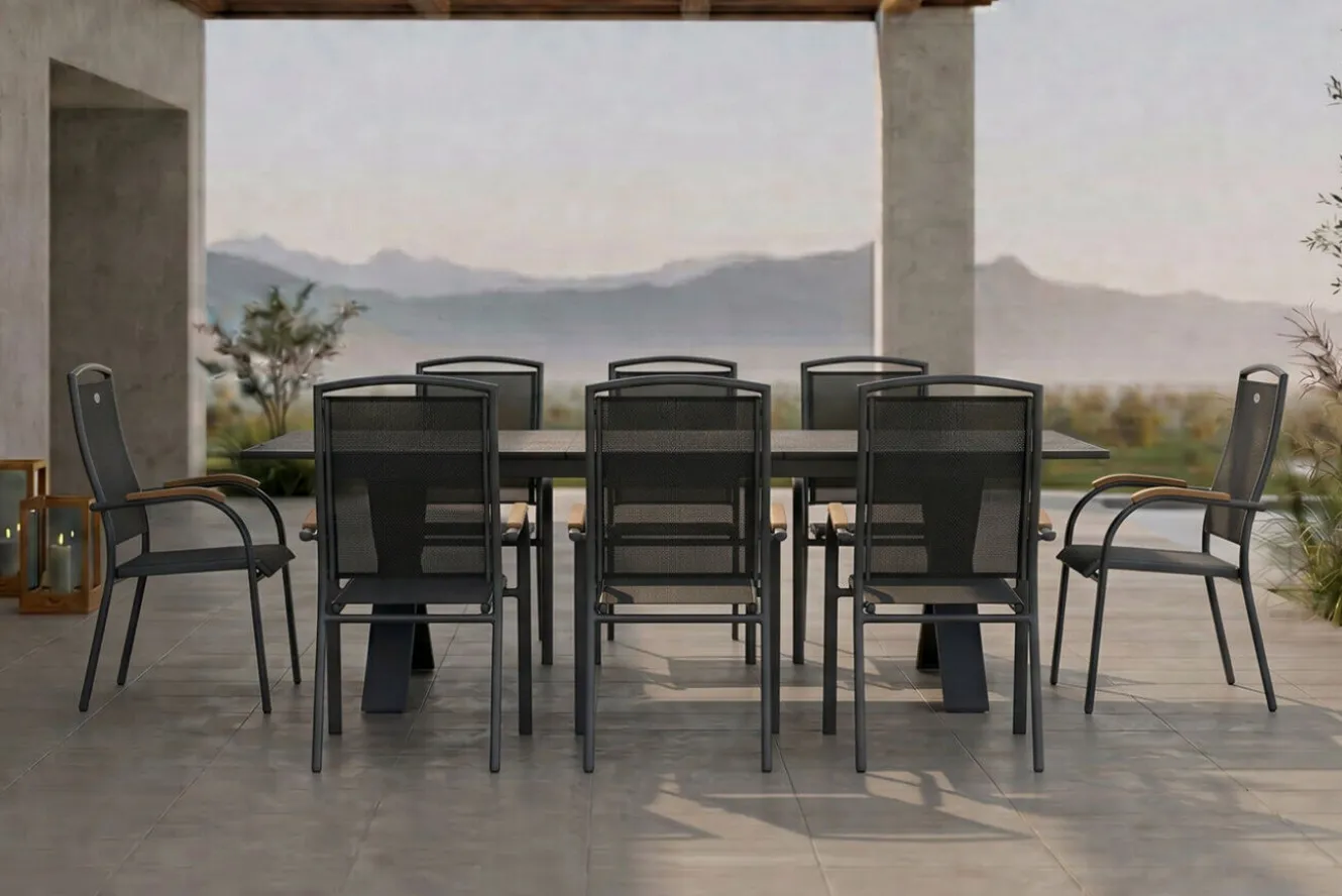 HARTMAN Sondermodell Xanadu / Raffaelo Garten-Essgruppe, xerix/anthrazit, Alu/Glaskeramik, 8 Stapelsessel, 220/280x100cm