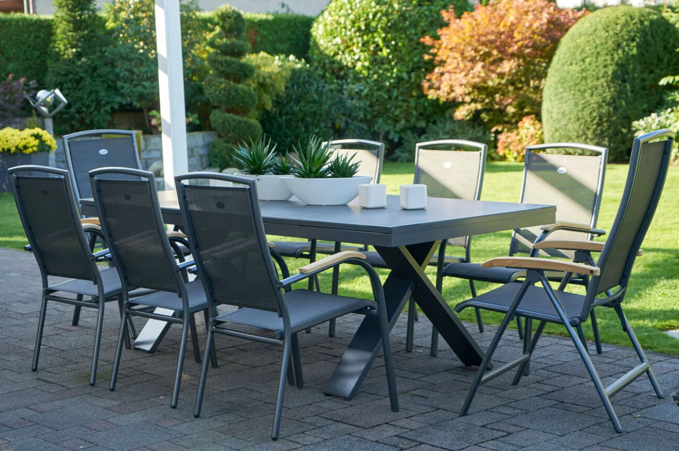 HARTMAN Sondermodell Xanadu / Raffaelo Garten-Essgruppe, xerix/anthrazit, Alu/Glaskeramik, 6 Stapelsessel, 2 Klappstühle, 220/280x100cm