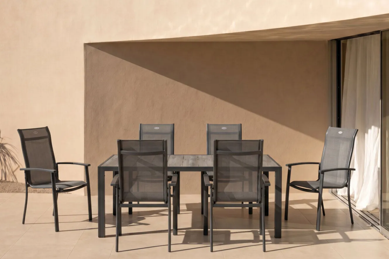HARTMAN Tanger/Alice Comfort Garten-Essgruppe, xerix/grey wood, Aluminium/Keramik, 228x105cm, 6 Stapelsessel