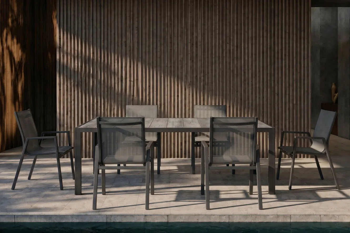 HARTMAN Tanger/Aruba Garten-Essgruppe, xerix/grey wood, Aluminium/Keramik, 228x105cm, 6 Stapelsessel