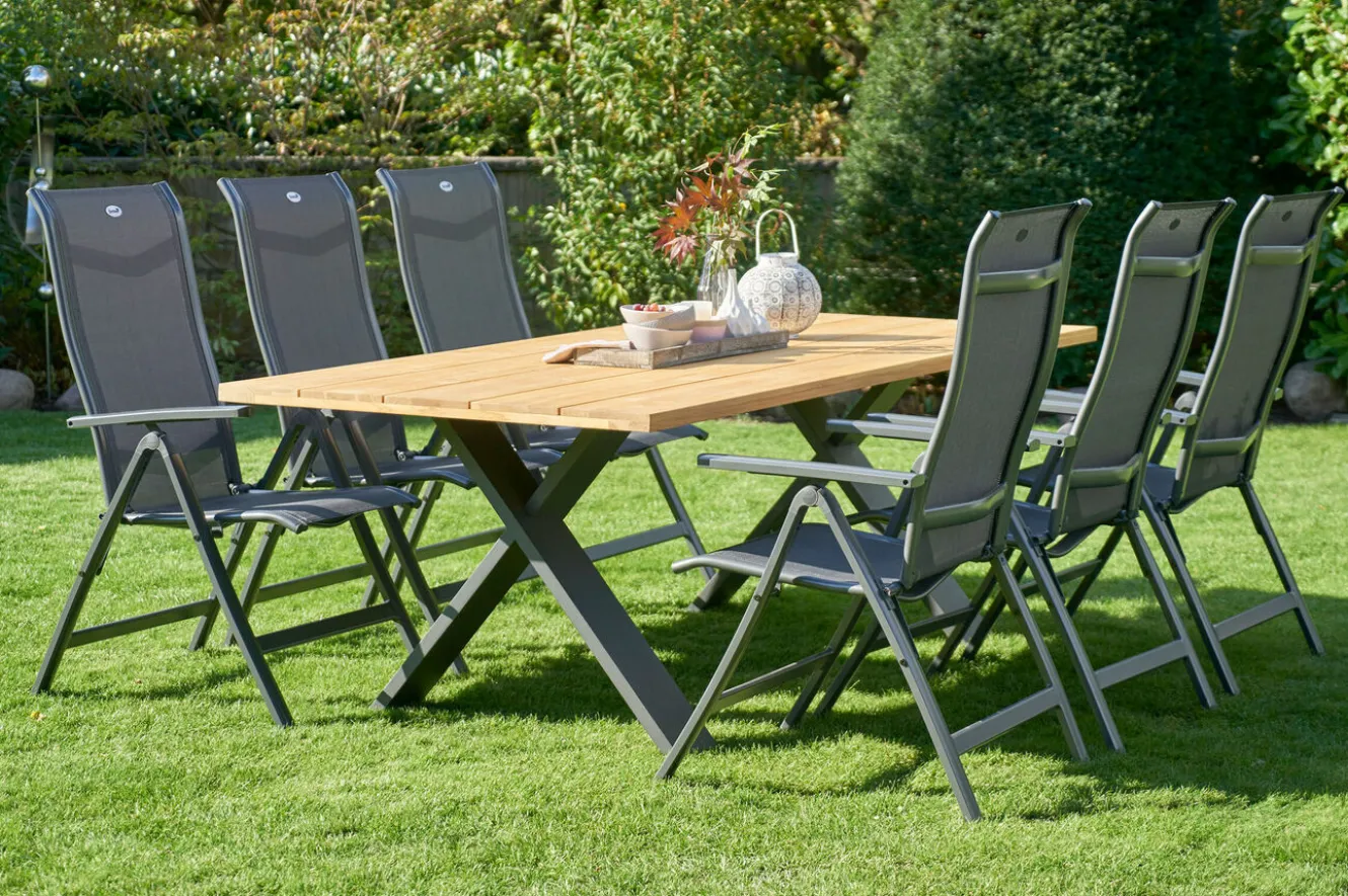 HARTMAN Xanadu / Alice Comfort Garten-Essgruppe, xerix/anthrazit, Alu/Teakholz, 6 Klappstühle, 220x100cm