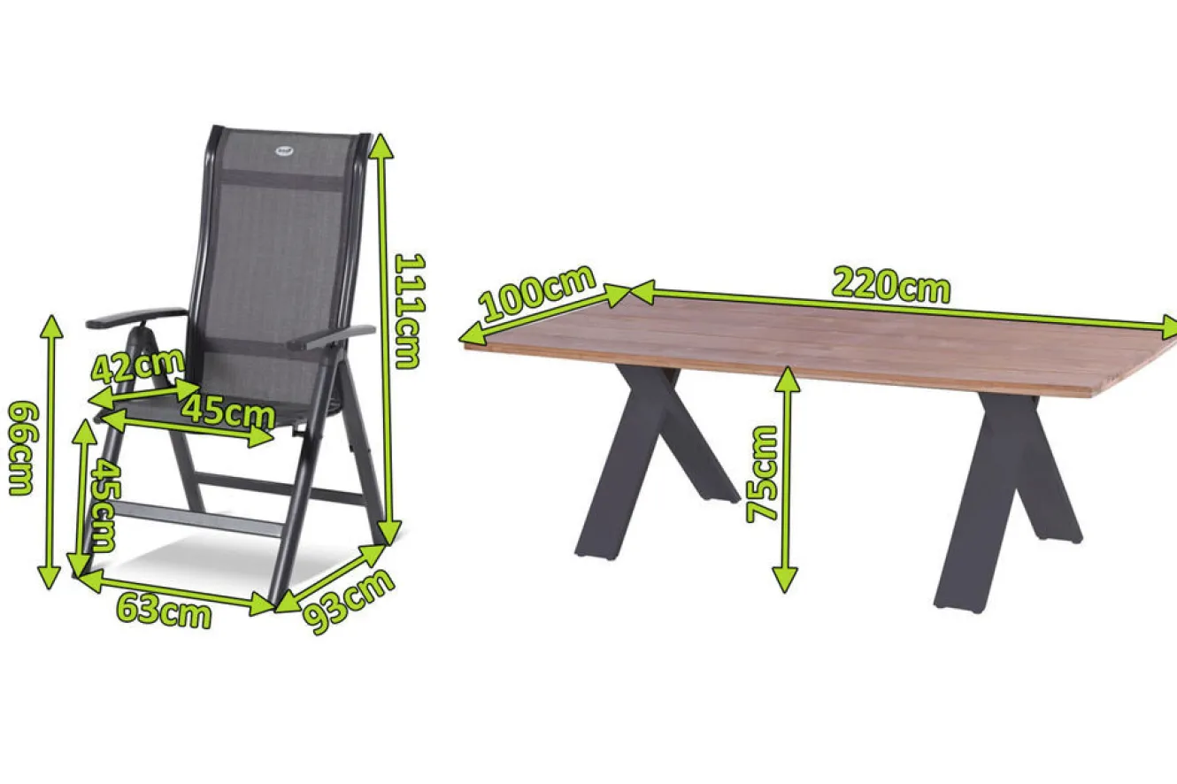 HARTMAN Xanadu / Alice Comfort Garten-Essgruppe, xerix/anthrazit, Alu/Teakholz, 6 Klappstühle, 220x100cm