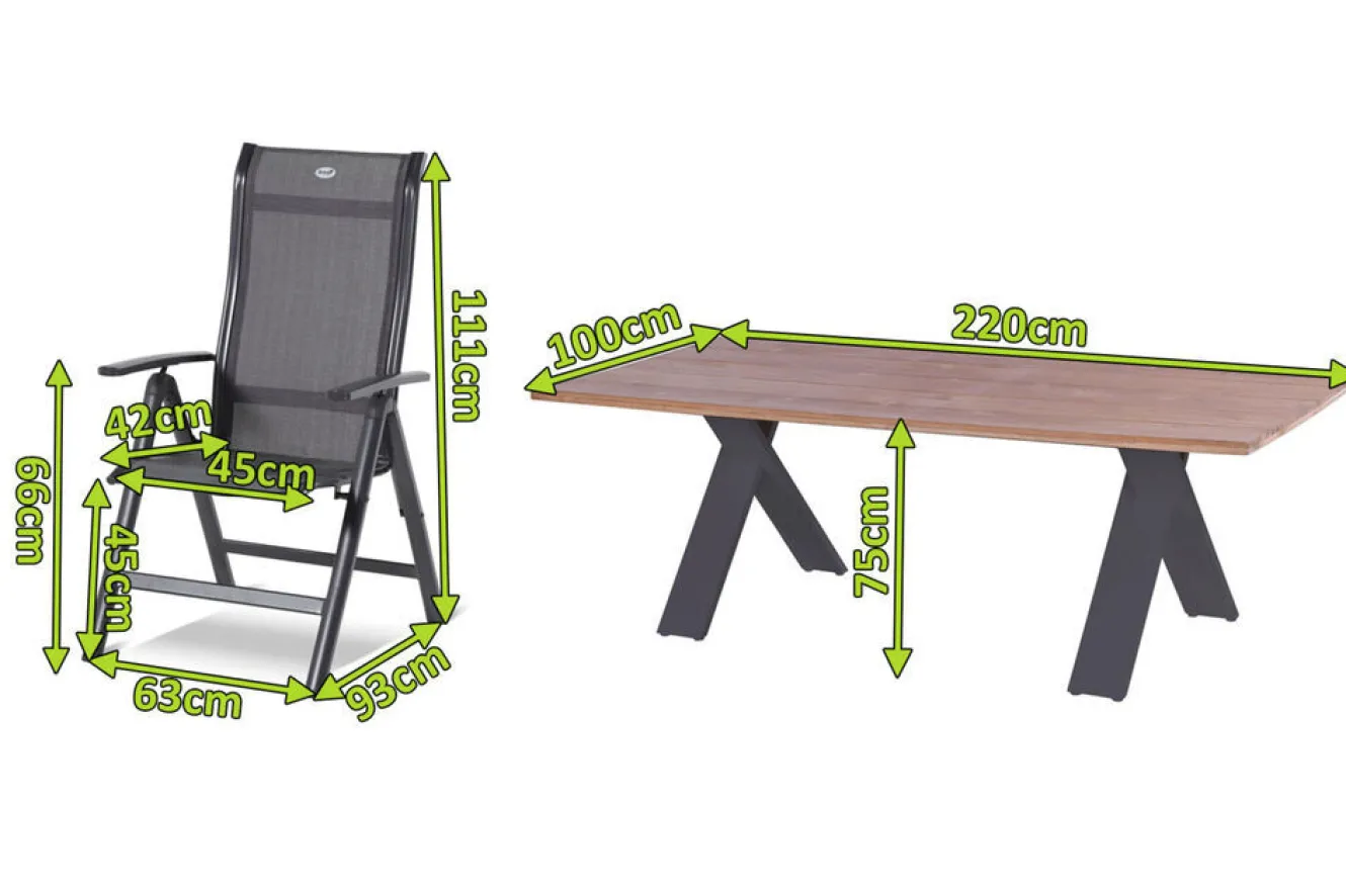 HARTMAN Xanadu / Alice Comfort Garten-Essgruppe, xerix/anthrazit, Alu/Teakholz, 8 Klappstühle, 220x100cm