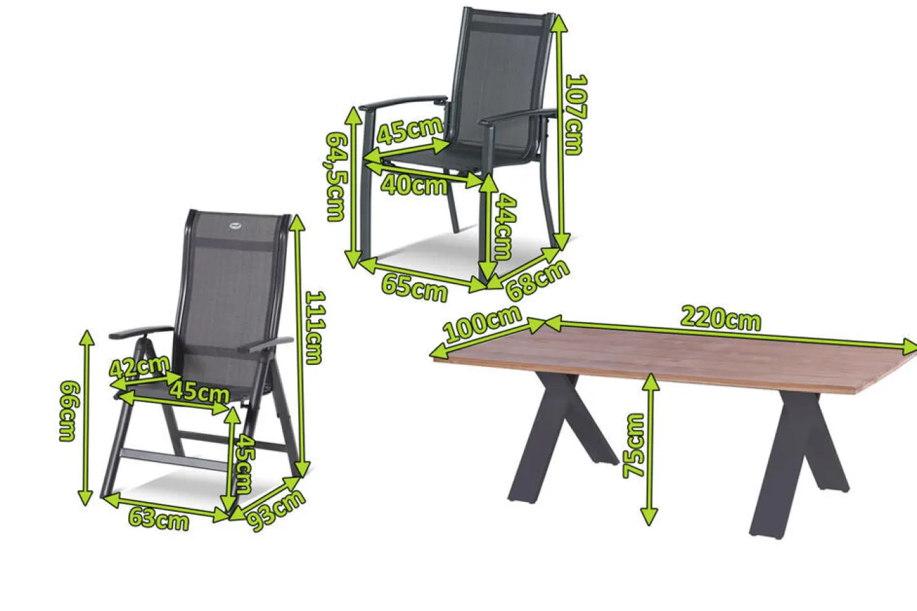 HARTMAN Xanadu / Alice Comfort Garten-Essgruppe, xerix/anthrazit, Alu/Teakholz, 2 Stapelsessel, 6 Klappstühle, 220x100cm