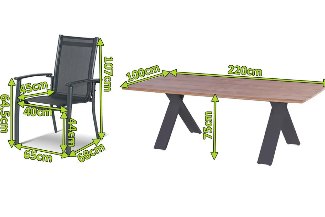 HARTMAN Xanadu / Alice Comfort Garten-Essgruppe, xerix/anthrazit, Alu/Teakholz, 6 Stapelsessel, 220x100cm