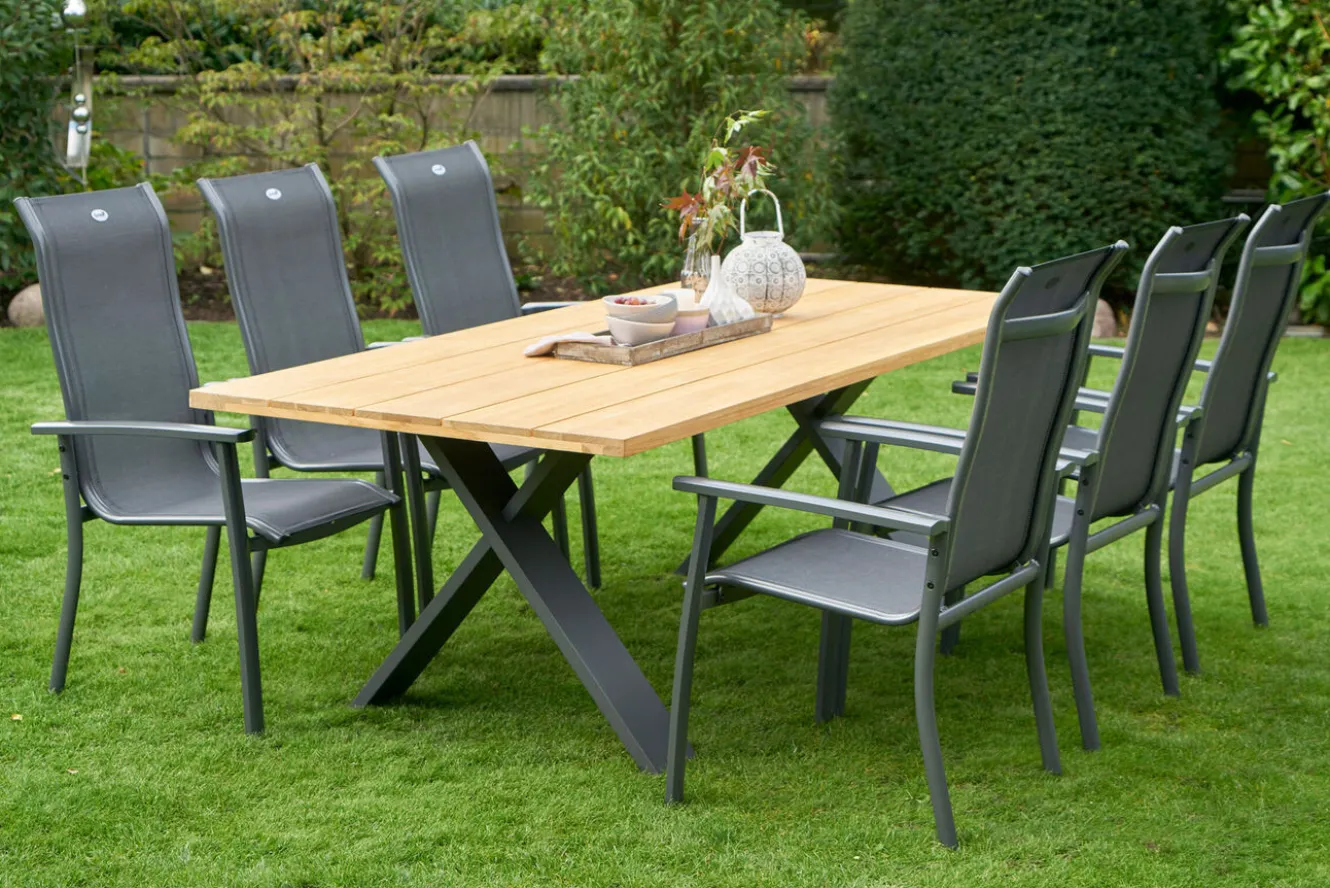 HARTMAN Xanadu / Alice Comfort Garten-Essgruppe, xerix/anthrazit, Alu/Teakholz, 6 Stapelsessel, 220x100cm