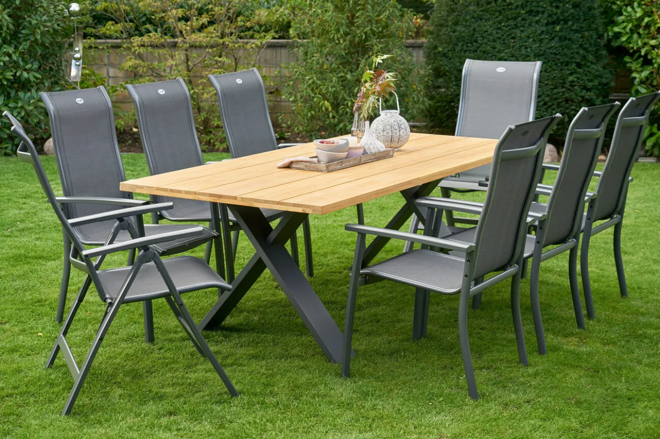 HARTMAN Xanadu / Alice Comfort Garten-Essgruppe, xerix/anthrazit, Alu/Teakholz, 6 Stapelsessel, 2 Klappstühle, 220x100cm