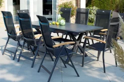 HARTMAN Xanadu / Alice Garten-Essgruppe, xerix/natur, Alu/Teak/Glaskeramik, 4x4 Textilen, 8 Klappstühle, 160/220x100cm, Teak Armlehnen