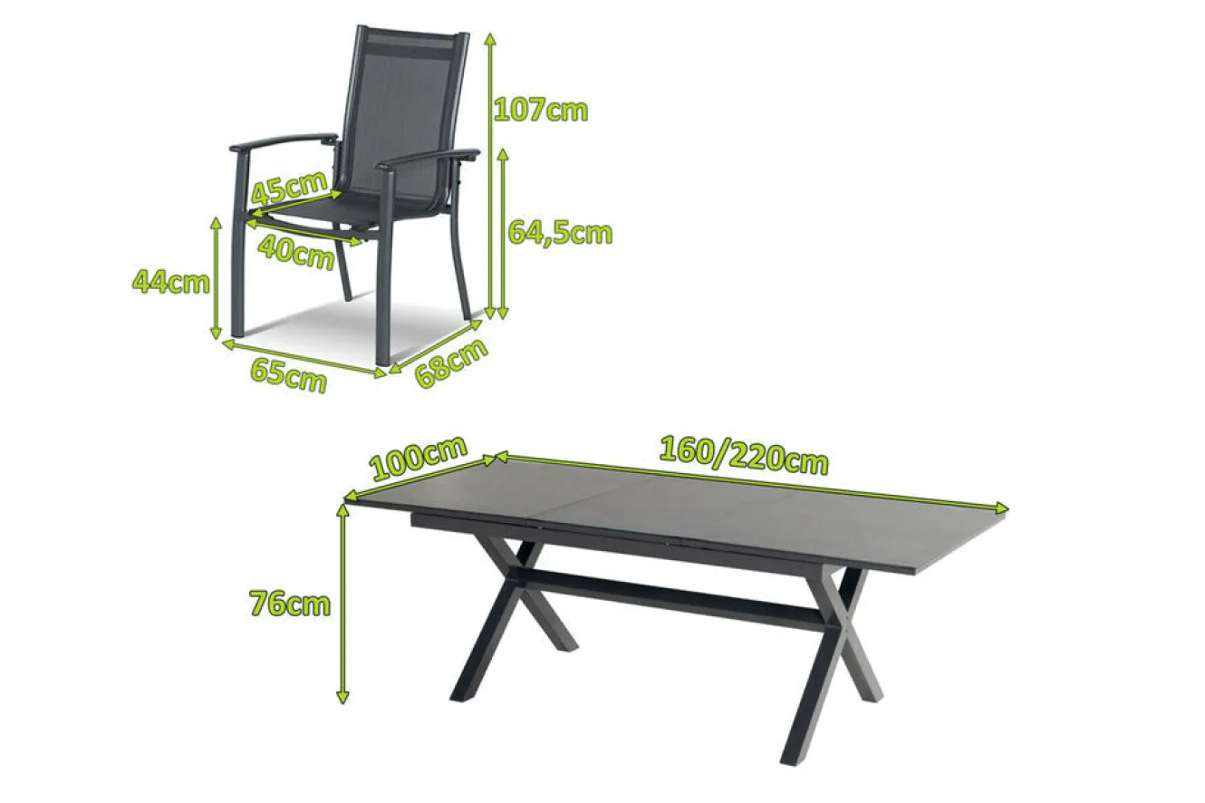 HARTMAN Xanadu / Alice Garten-Essgruppe, xerix, Alu/Textilene/Glaskeramik, 6 Stapelsessel, 160/220x100cm