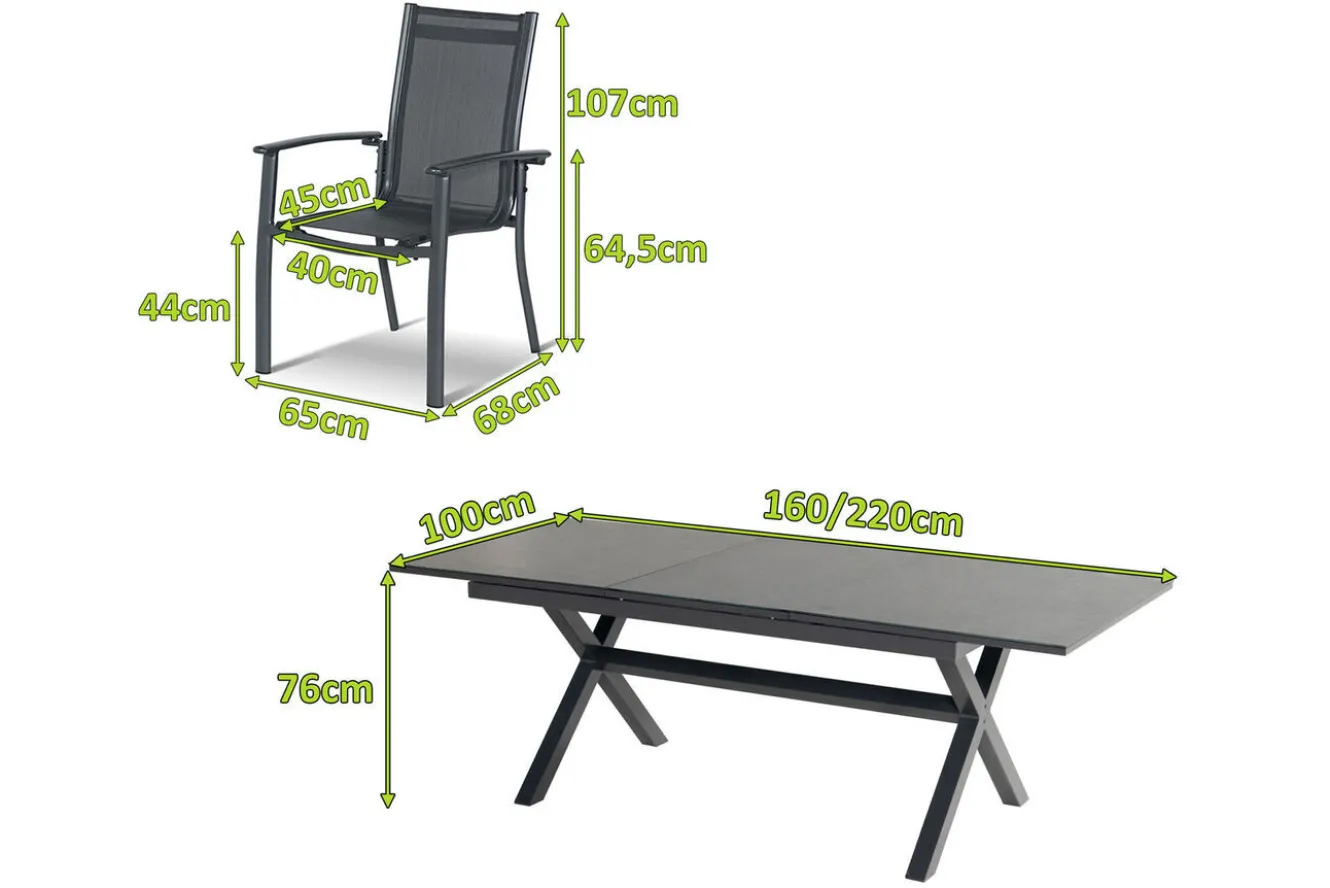 HARTMAN Xanadu / Alice Garten-Essgruppe, xerix, Alu/Textilene/Glaskeramik, 8 Stapelsessel, 160/220x100cm