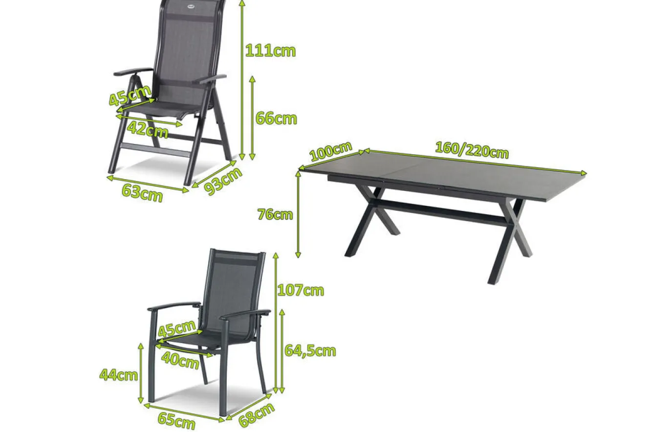 HARTMAN Xanadu / Alice Garten-Essgruppe, xerix, Alu/Textilene/Glaskeramik, 2 Stapelsessel, 4 Klappstühle, 160/220x100cm