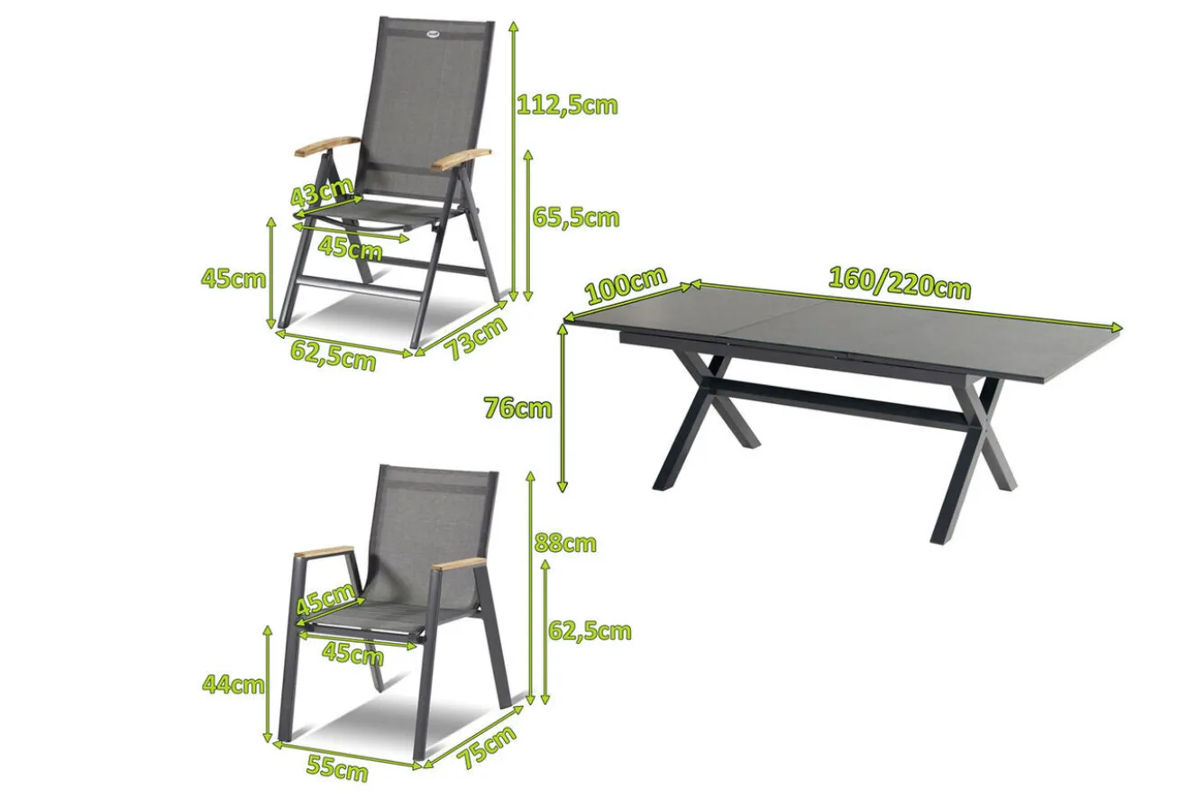 HARTMAN Xanadu / Aruba Garten-Essgruppe, xerix/natur, Alu/Teak/Glaskeramik, 6 Dining Sessel, 2 Klappstühle, 160/220x100cm, Teak Armlehnen