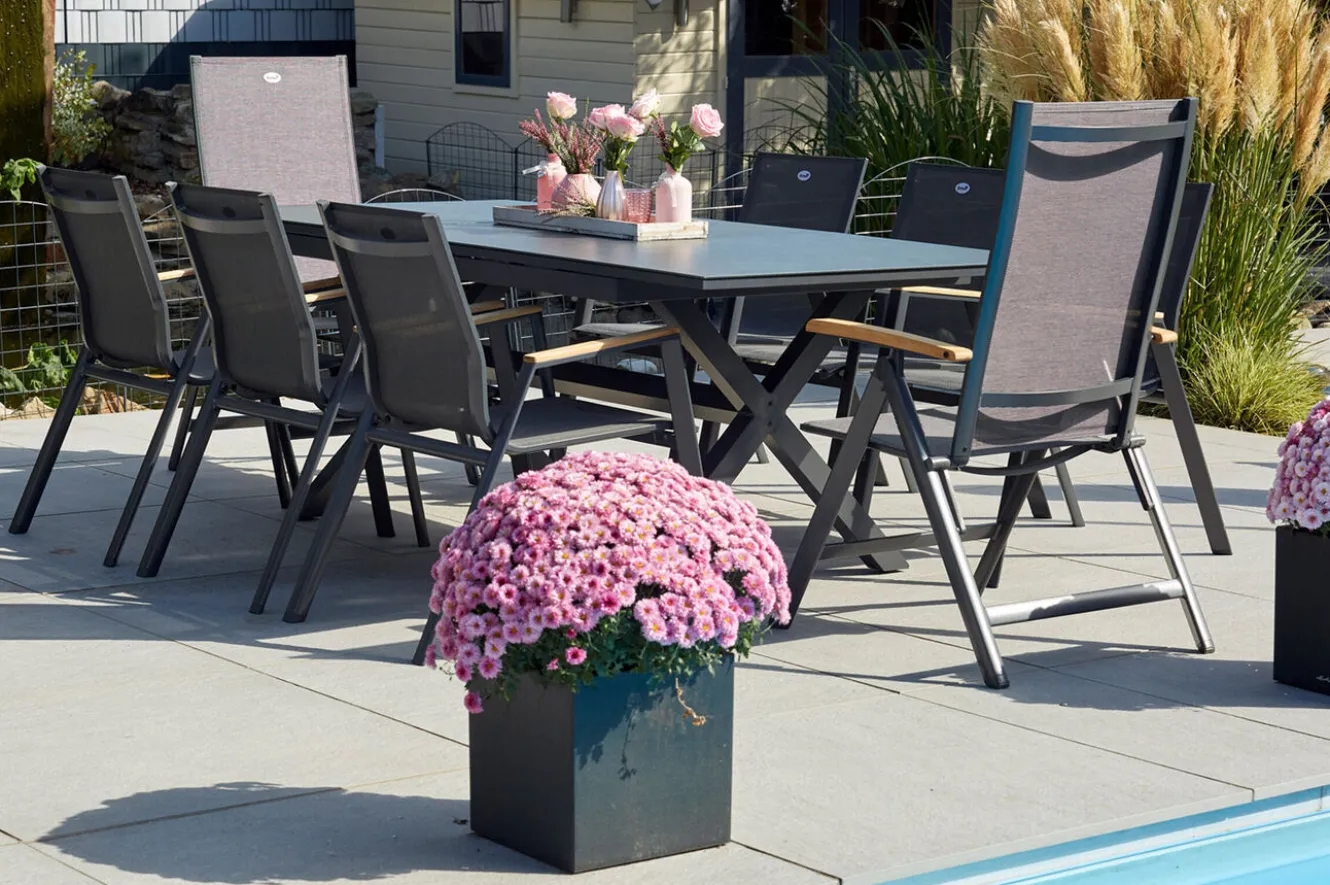 HARTMAN Xanadu / Aruba Garten-Essgruppe, xerix/natur, Alu/Teak/Glaskeramik, 6 Dining Sessel, 2 Klappstühle, 160/220x100cm, Teak Armlehnen