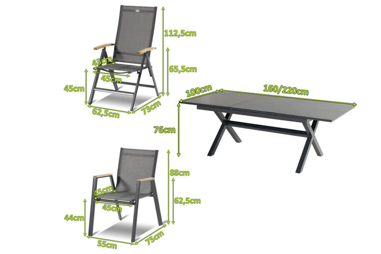 HARTMAN Xanadu / Aruba Garten-Essgruppe, xerix/natur, Alu/Teak/Glaskeramik, 6 Dining Sessel, 2 Klappstühle, 160/220x100cm, Teak Armlehnen