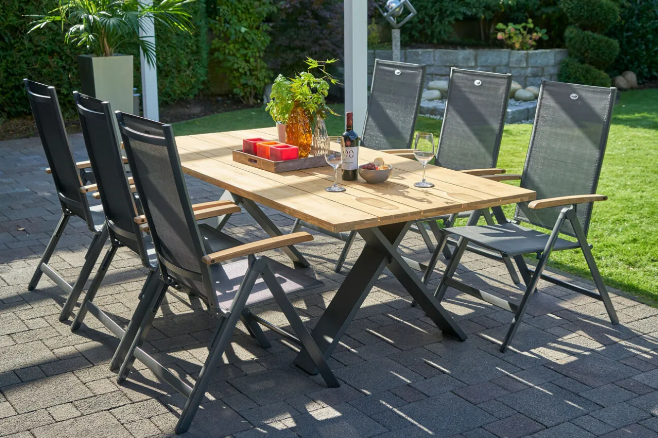 HARTMAN Xanadu / Aruba Garten-Essgruppe, xerix/anthrazit, Alu/Teakholz, 6 Klappstühle, Teakarmlehnen, 220x100cm