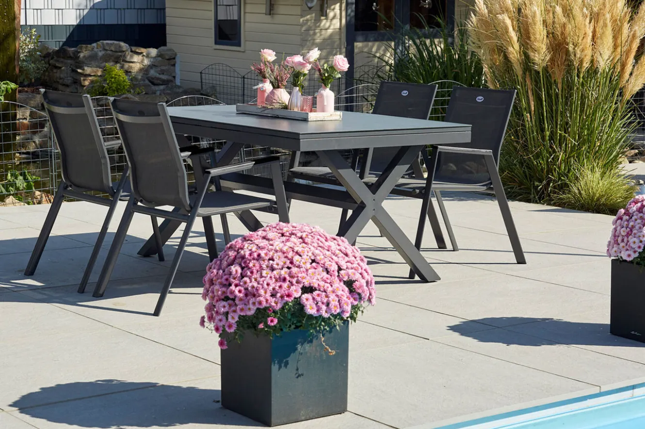 HARTMAN Xanadu / Aruba Garten-Essgruppe, xerix, Alu/Textilene/Glaskeramik, 4 Stapelsessel, 160/220x100cm