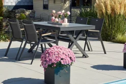 HARTMAN Xanadu / Aruba Garten-Essgruppe, xerix/natur, Alu/Teak/Glaskeramik, 4 Dining Sessel, 160/220x100cm, Teak Armlehnen