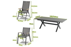 HARTMAN Xanadu / Aruba Garten-Essgruppe, xerix/natur, Alu/Teak/Glaskeramik, 2 Dining Sessel, 6 Klappstühle, 160/220x100cm, Teak Armlehnen