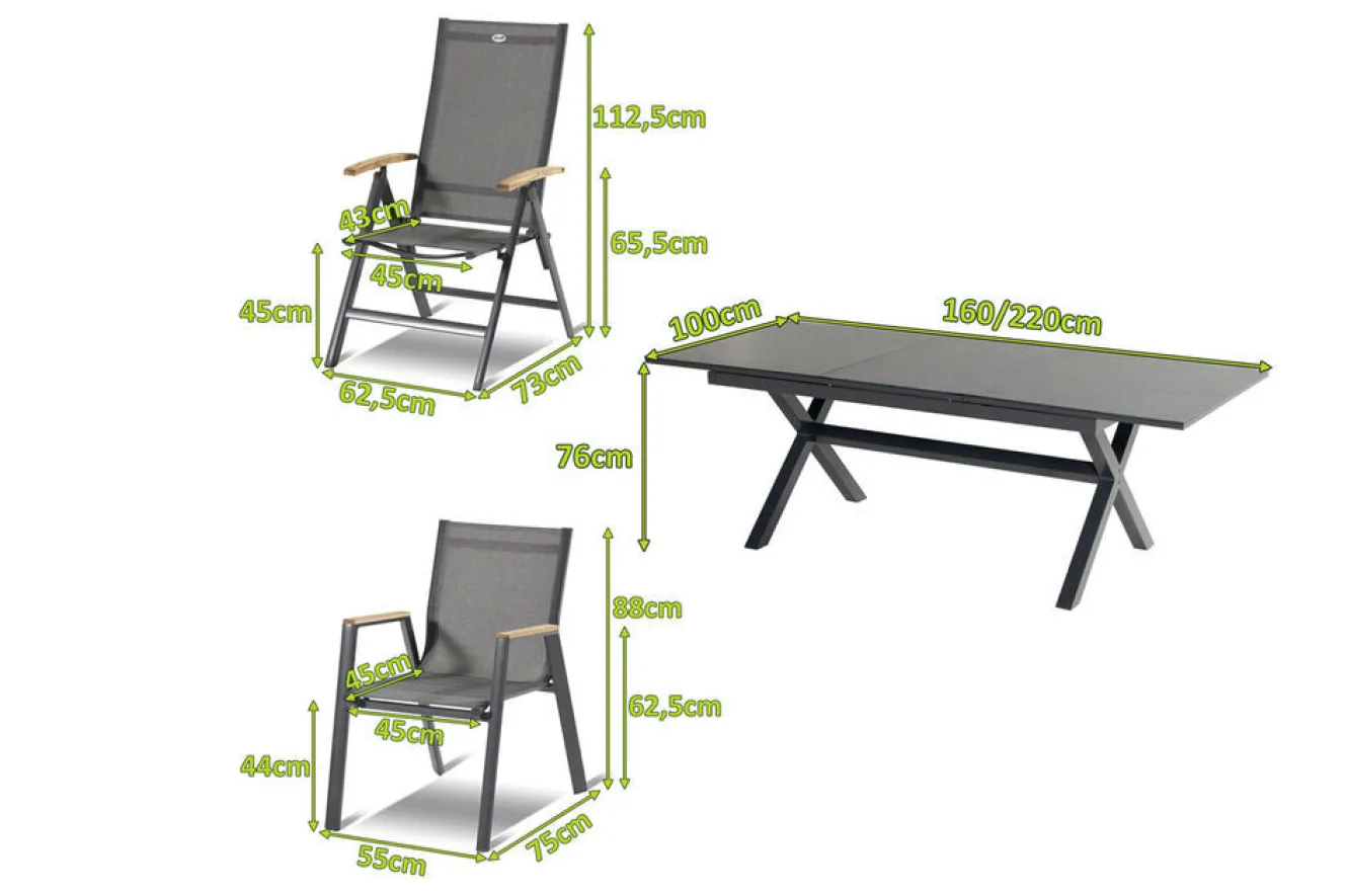 HARTMAN Xanadu / Aruba Garten-Essgruppe, xerix/natur, Alu/Teak/Glaskeramik, 2 Dining Sessel, 6 Klappstühle, 160/220x100cm, Teak Armlehnen