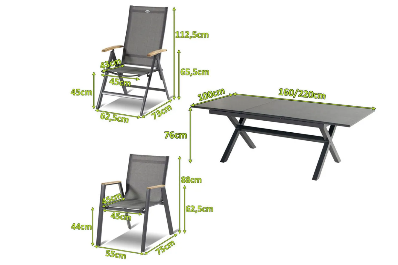 HARTMAN Xanadu / Aruba Garten-Essgruppe, xerix/natur, Alu/Teak/Glaskeramik, 2 Dining Sessel, 6 Klappstühle, 160/220x100cm, Teak Armlehnen