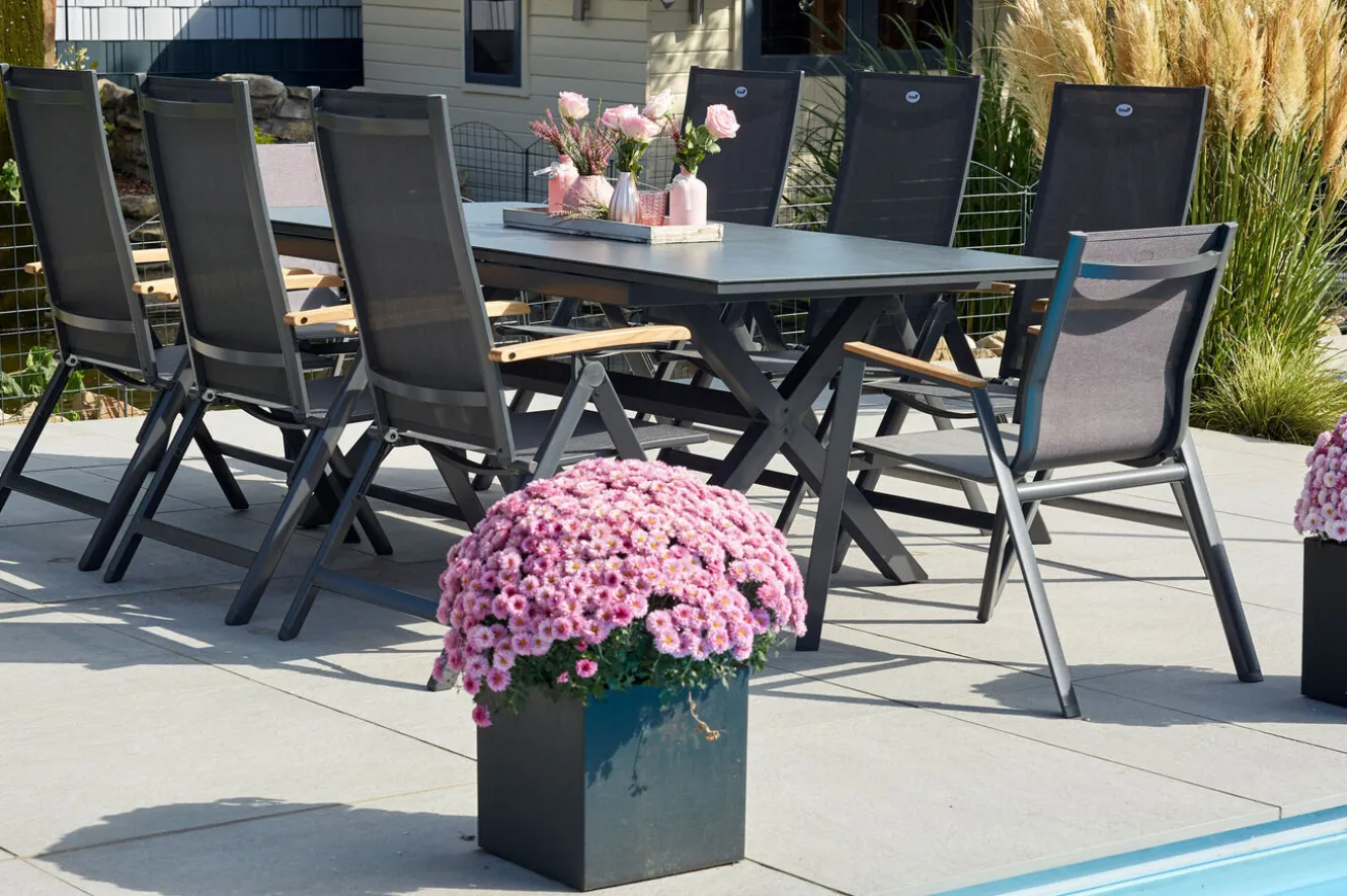 HARTMAN Xanadu / Aruba Garten-Essgruppe, xerix/natur, Alu/Teak/Glaskeramik, 2 Dining Sessel, 6 Klappstühle, 160/220x100cm, Teak Armlehnen