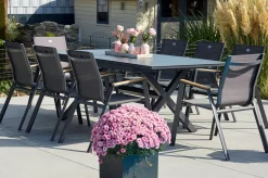 HARTMAN Xanadu / Aruba Garten-Essgruppe, xerix/natur, Alu/Teak/Glaskeramik, 8 Dining Sessel, 160/220x100cm, Teak Armlehnen