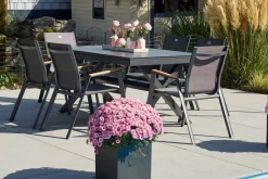 HARTMAN Xanadu / Aruba Garten-Essgruppe, xerix/natur, Alu/Teak/Glaskeramik, 6 Dining Sessel, 160/220x100cm, Teak Armlehnen
