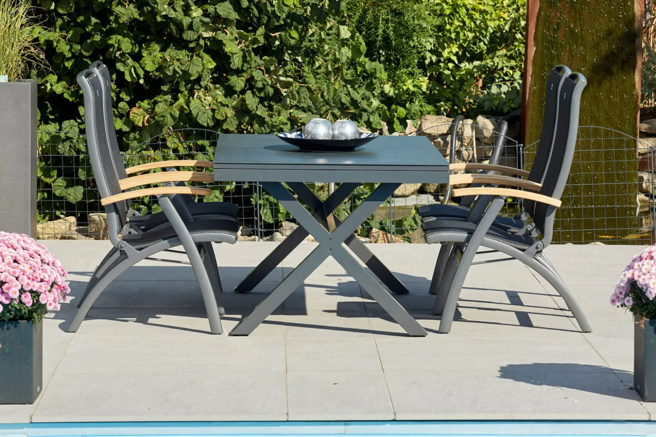HARTMAN Xanadu / da Vinci Garten-Essgruppe, xerix/natur, Alu/Teak/Glaskeramik, 4 Klappstühle, 160/220x100cm, Teak Armlehnen