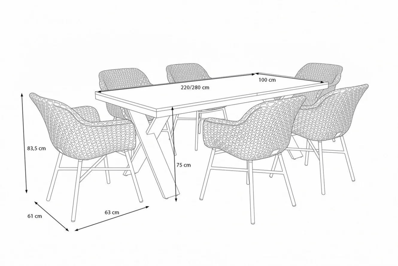 HARTMAN Xanadu Garten-Essgruppe, schwarz/weiß/grau, Aluminium/Kunststoff/Glaskeramik, 220/280 x 100 cm Tisch, ausziehbar, robust, korrosionsbeständig, UV-beständig, mit Fußkappen, pulverbeschichtet