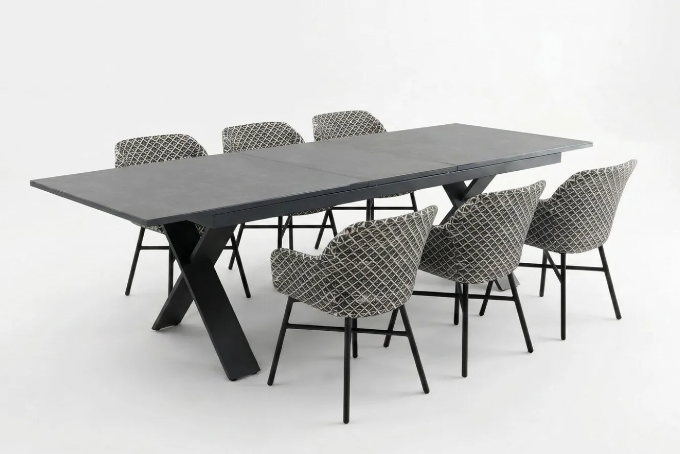 HARTMAN Xanadu Garten-Essgruppe, schwarz/weiß/grau, Aluminium/Kunststoff/Glaskeramik, 220/280 x 100 cm Tisch, ausziehbar, robust, korrosionsbeständig, UV-beständig, mit Fußkappen, pulverbeschichtet