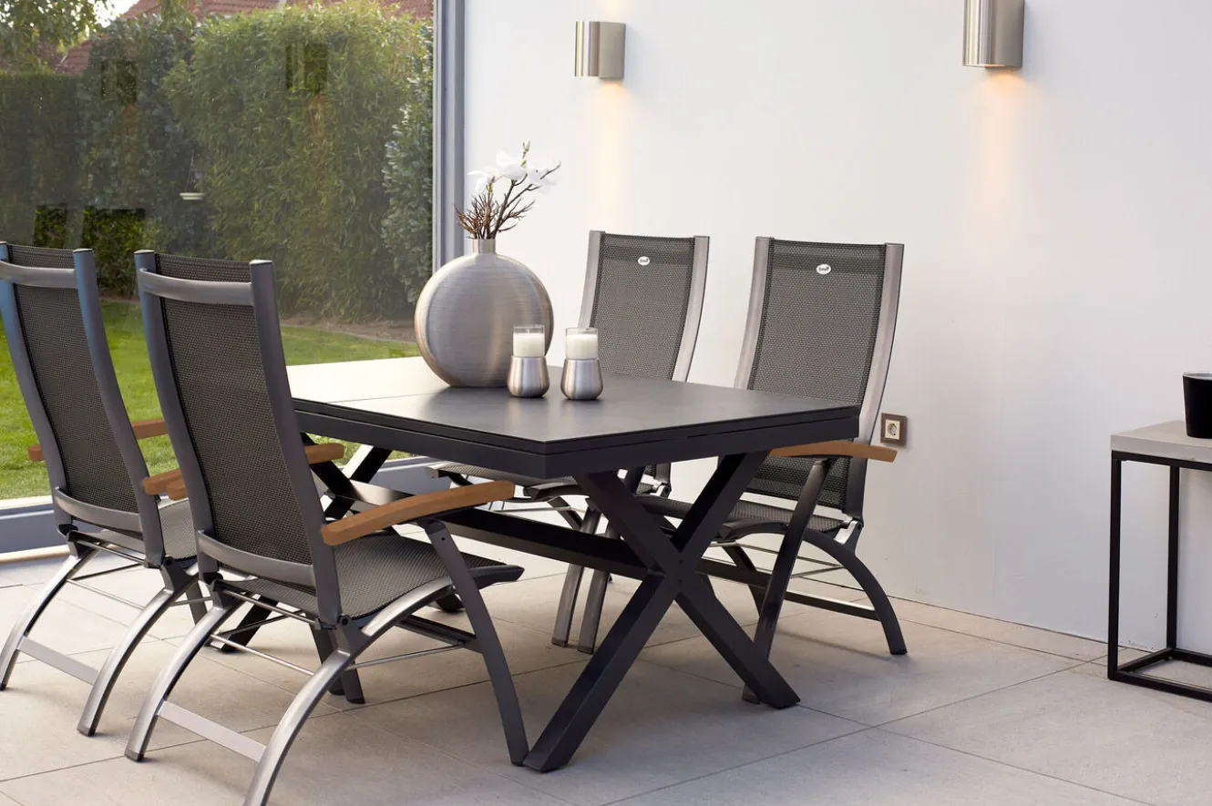 HARTMAN Xanadu / Primo Garten-Essgruppe, xerix, Alu/Textilene/Glaskeramik, 4 Klappstühle, 160/220x100cm, Ausziehfunktion