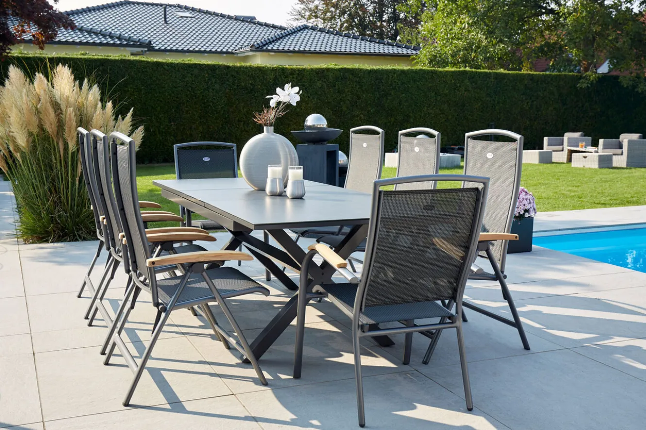 HARTMAN Xanadu / Raffaelo Garten-Essgruppe, xerix/natur, Alu/Teak/Glaskeramik, 2 Dining Sessel, 6 Klappstühle, 160/220x100cm, Teak Armlehnen