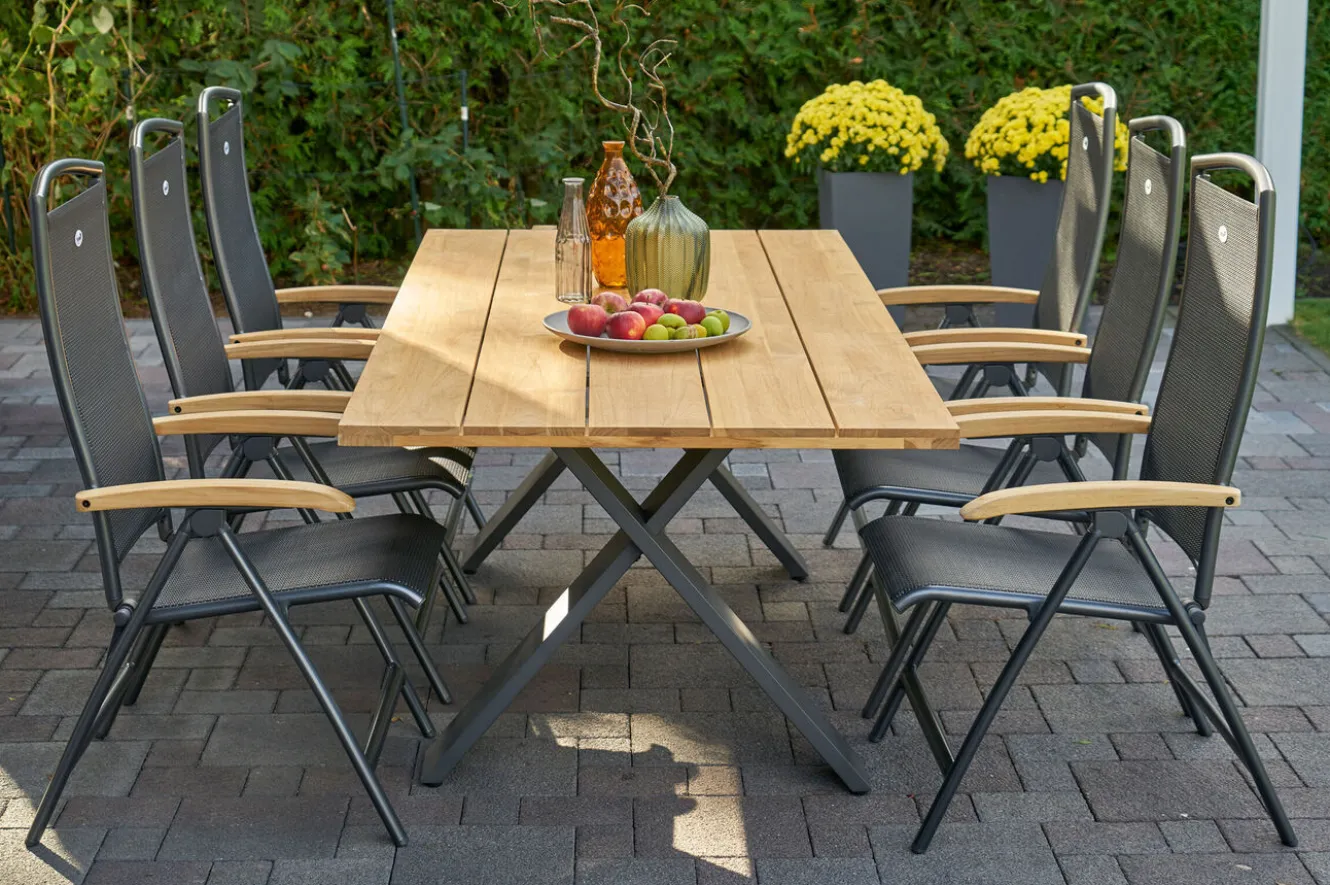 HARTMAN Xanadu / Raffaelo Garten-Essgruppe, xerix/anthrazit, Alu/Teakholz, 6 Klappstühle, Tisch 220 x 100 cm