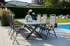 HARTMAN Xanadu / Raffaelo Garten-Essgruppe, xerix/natur, Alu/Teak/Glaskeramik, 6 Klappstühle, 160/220x100cm, Teak Armlehnen