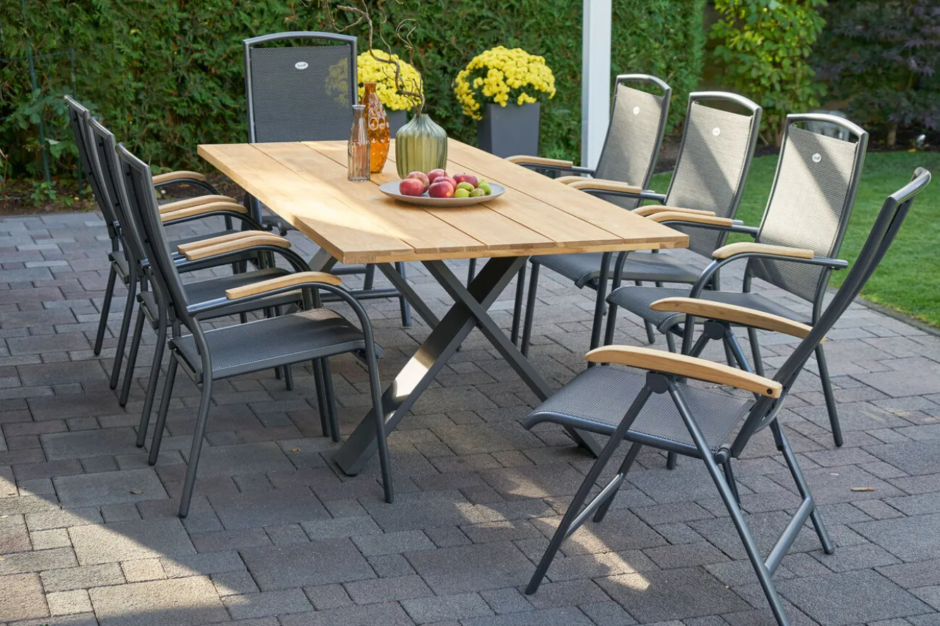 HARTMAN Xanadu / Raffaelo Garten-Essgruppe, xerix/anthrazit, Alu/Teakholz, 6 Stapelsessel, 2 Klappstühle, 220x100cm