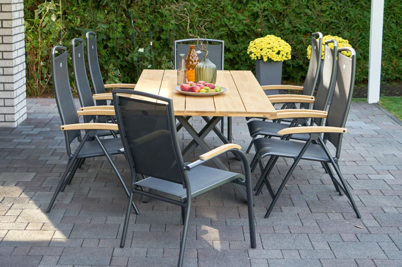 HARTMAN Xanadu / Raffaelo Garten-Essgruppe, xerix/anthrazit, Alu/Teakholz, 2 Stapelsessel, 6 Klappstühle, 220x100cm