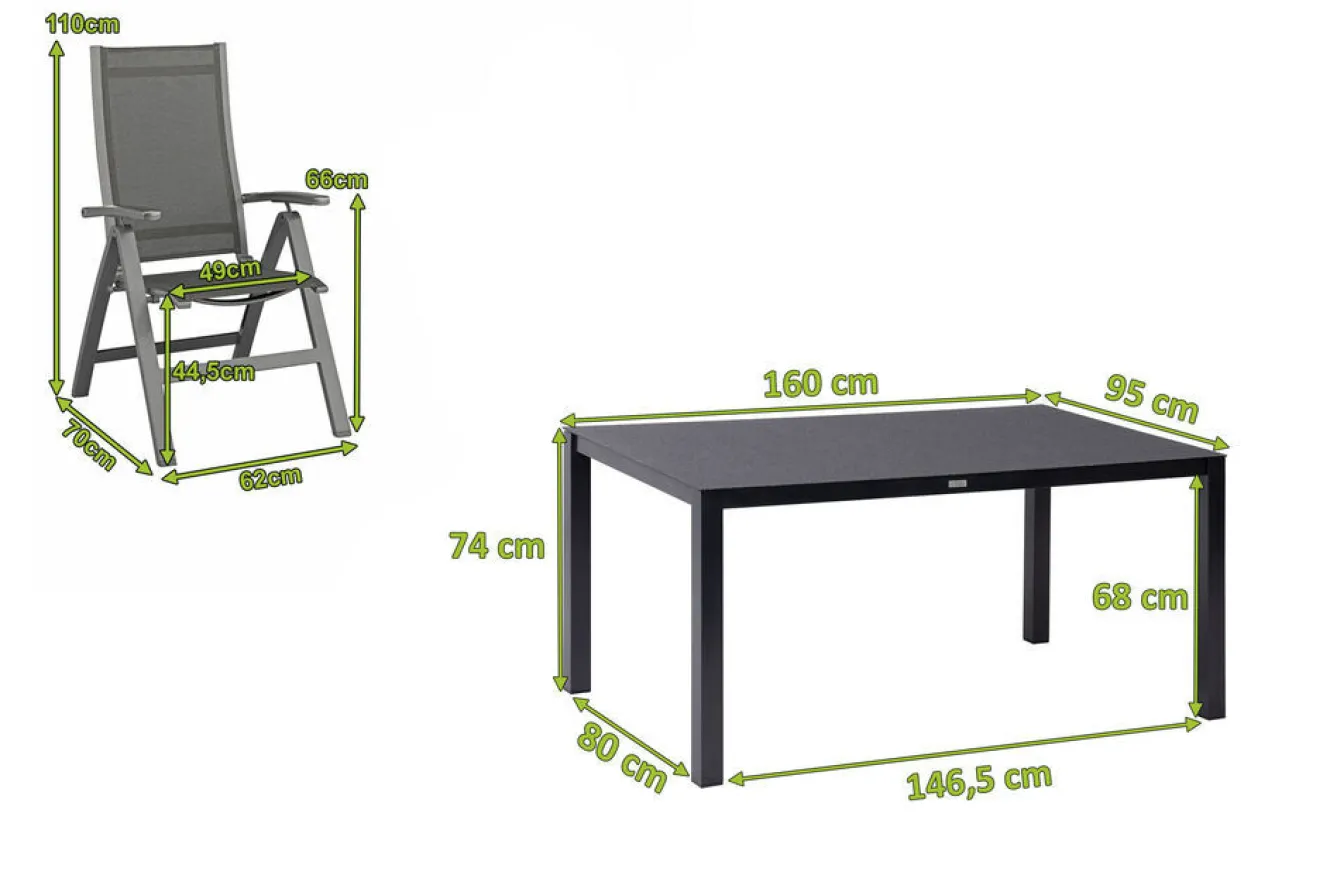 KETTLER Altura Garten-Essgruppe, anthrazit, Alu/Spraystone/Textil, 160 x 95 cm, 6 Klappstühle