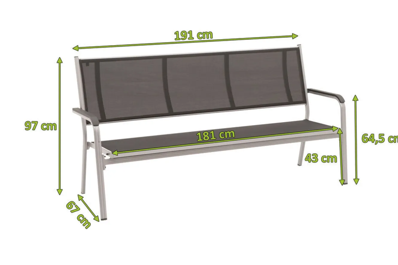 KETTLER BasicPlus3er Bank, silber/anthrazit, Alu/Textilene, 67 x 97 x 191, 0310612-0000