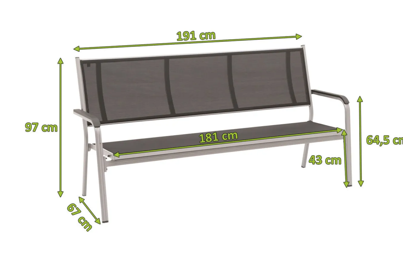KETTLER BasicPlus3er Bank, silber/anthrazit, Alu/Textilene, 67 x 97 x 191, 0310612-0000